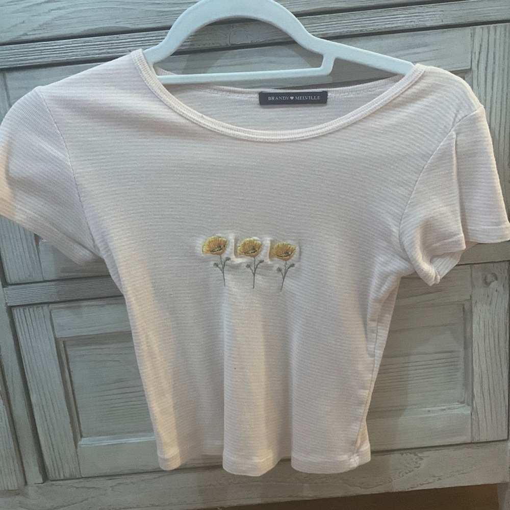 pink and white striped tee shirt with flowers